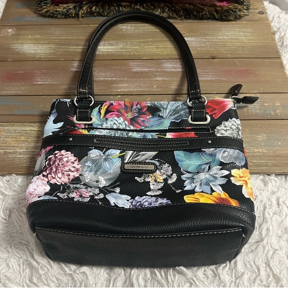 Stone & CO Black Floral Shoulder Bag W Bonded Leather - Picture 8 of 8